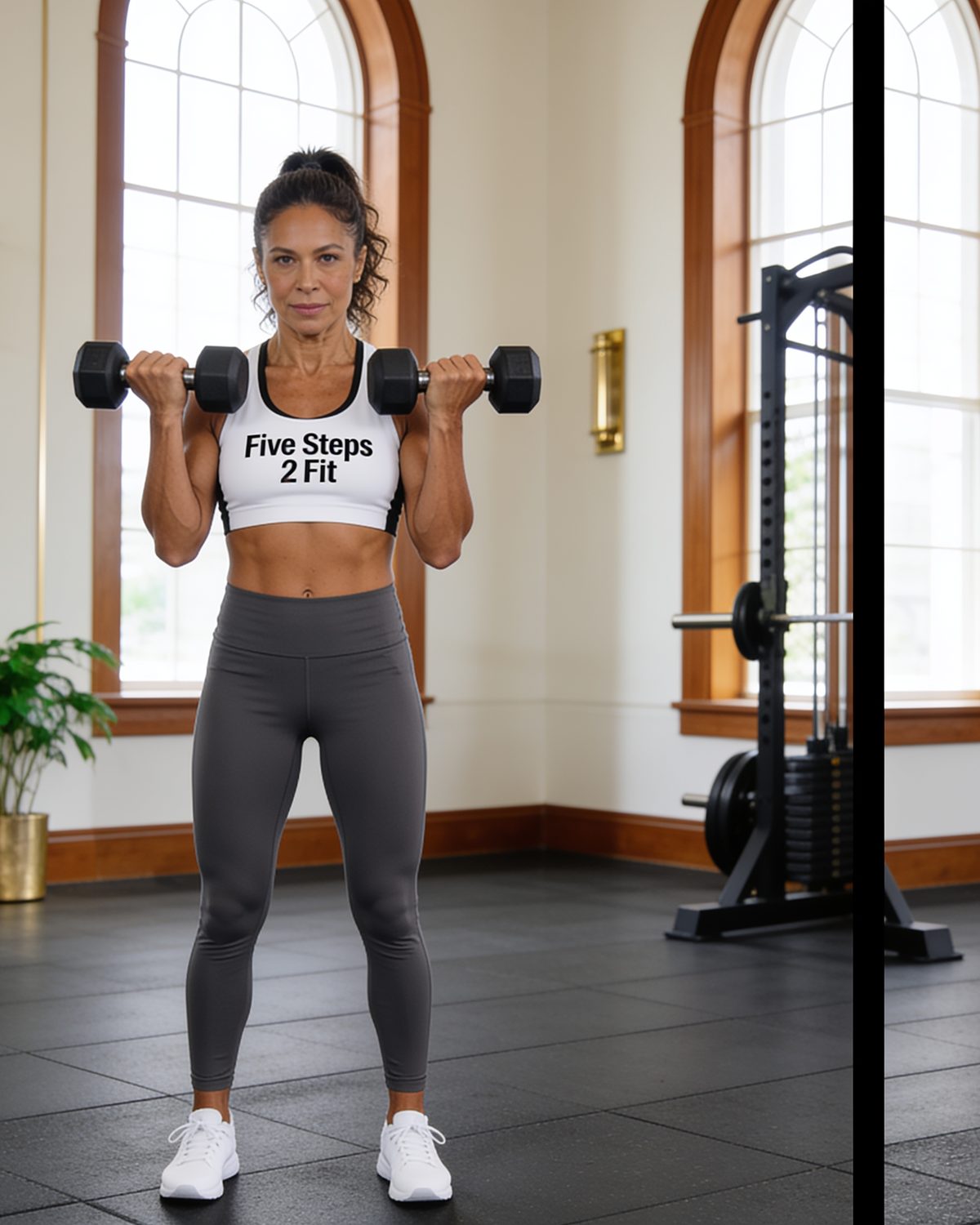 A confident woman in her forties training with dumbbells in a bright, upscale gym