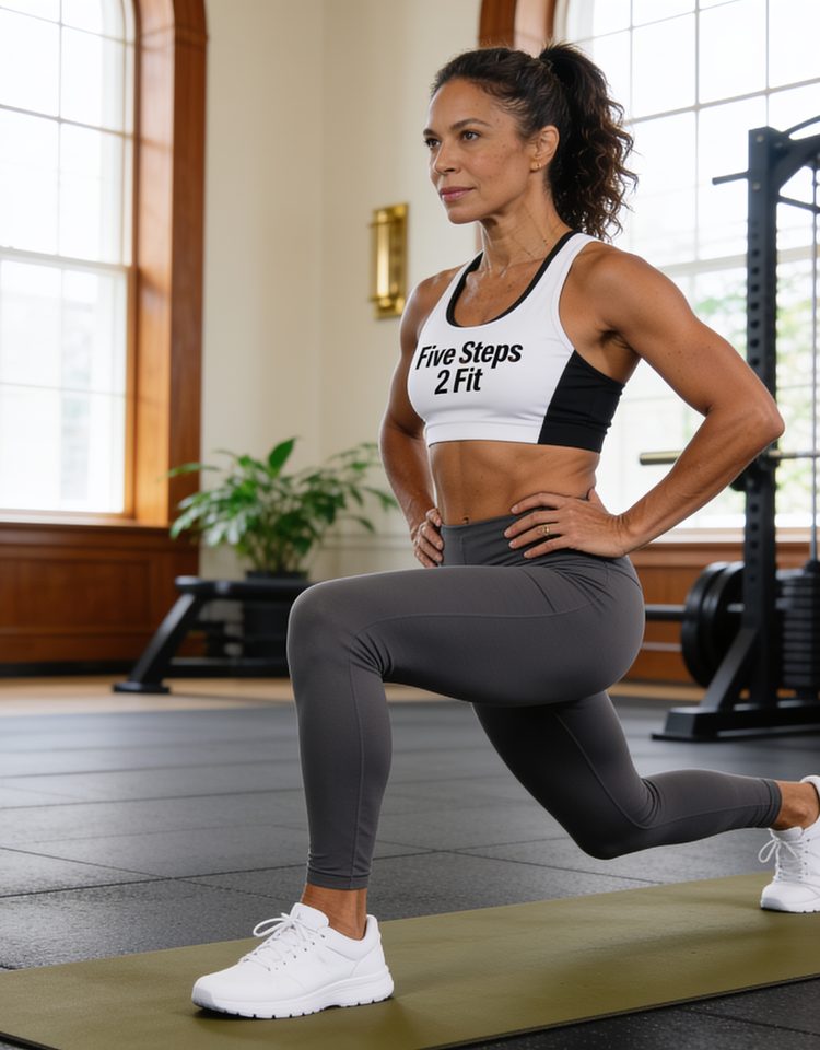 A confident professional woman around forty in tasteful fitness clothing